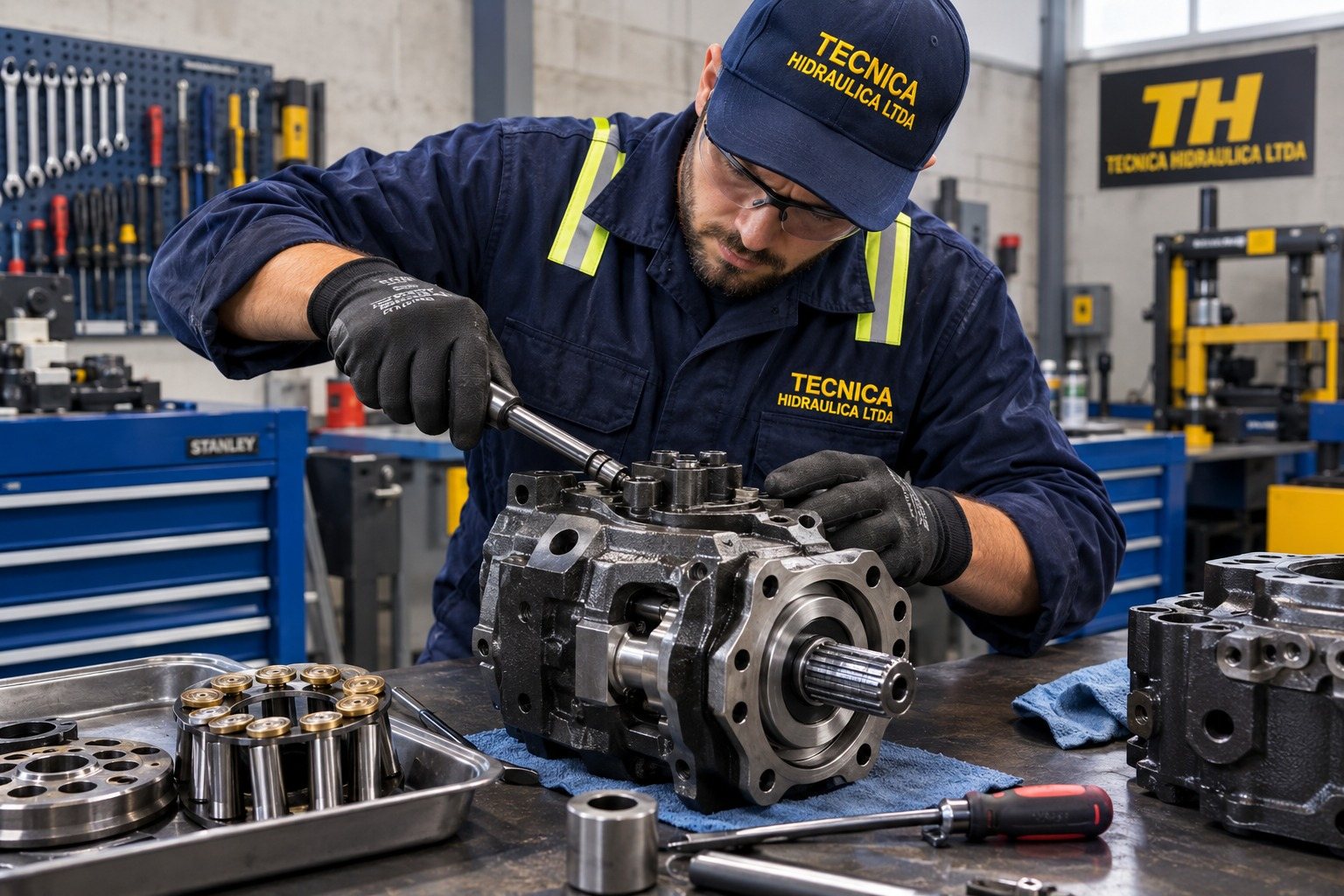 Técnico reparando una bomba hidráulica